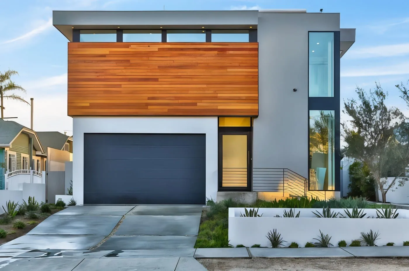 A contemporary custom home with warm timber cladding completed by ArcLine Builders